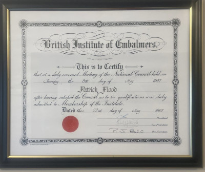 Patrick Flood is a member of the British Institute of Embalmers Patrick Flood is a member of the British Institute of Embalmers